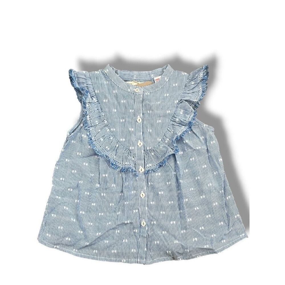 NWT! Zara Baby Girls Sleeveless Swiss Dot Fringe Blue White Top Shirt Size 2-3Y